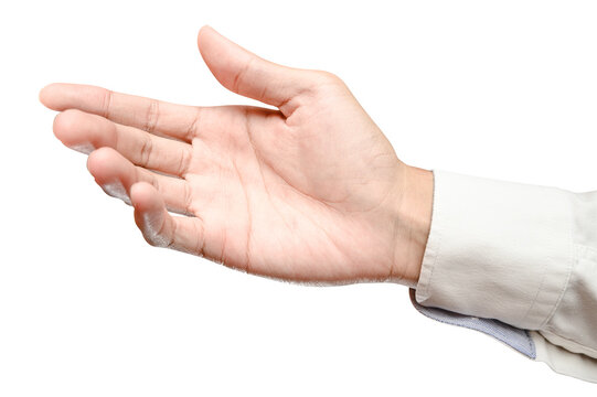 Business male caucasian hand reach and ready to shake or assistance. Gesture isolated on white background.