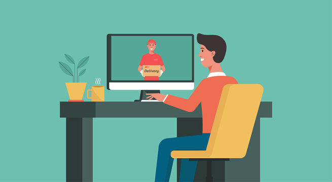 online delivery concept, man using computer at home video call conferencing a deliveryman to order goods, vector flat illustration