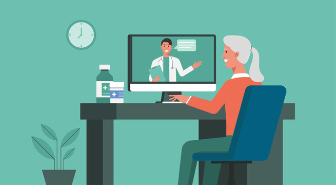 telemedicine, online healthcare and medical consultation and support services concept, senior woman using computer video call conferencing to doctor online, vector flat illustration