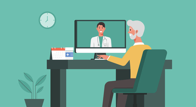 telemedicine, online healthcare and medical consultation and support services concept, senior man using computer video call conferencing to doctor online, vector flat illustration