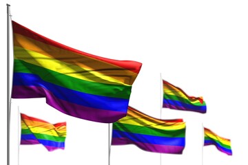 beautiful celebration flag 3d illustration. - five flags of Gay Pride are wave isolated on white - picture with bokeh