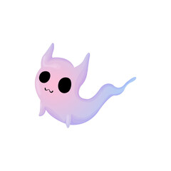 Funny Halloween Vector Illustration with Ghost Cat. Cute ghost with cat ears in purple and blue colors. Isolated on white background.