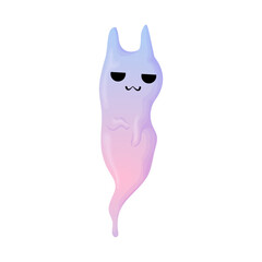 Funny Halloween Vector Illustration with Ghost Cat. Cute ghost with cat ears in purple and blue colors. Isolated on white background.