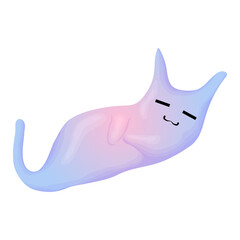 Funny Halloween Vector Illustration with Ghost Cat. Cute ghost with cat ears in purple and blue colors. Isolated on white background.