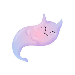 Funny Halloween Vector Illustration with Ghost Cat. Cute ghost with cat ears in purple and blue colors. Isolated on white background.