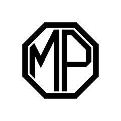 MP initial monogram logo, octagon shape, black color