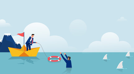 Business help other symbol with lifebuoys vector illustration. Bankruptcy and government bailout with businessman on paper boat and drowning man in life preserver.
