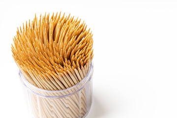 Close up of Bamboo toothpicks on white background