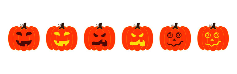 Vector illustration set of halloween pumpkins, scary and funny pumpkin faces, vector jack o lantern facial expressions characters.