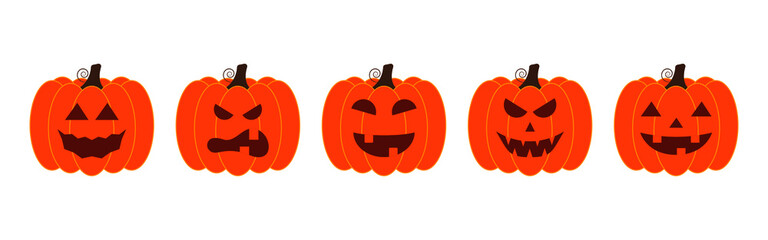 Vector illustration set of halloween pumpkins, scary and funny pumpkin faces, vector jack o lantern facial expressions characters.