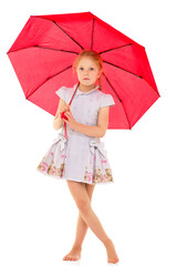 Little girl under an umbrella.Concept style and fashion. Isolated on white background.