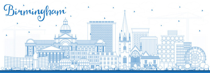 Outline Birmingham UK City Skyline with Blue Buildings.