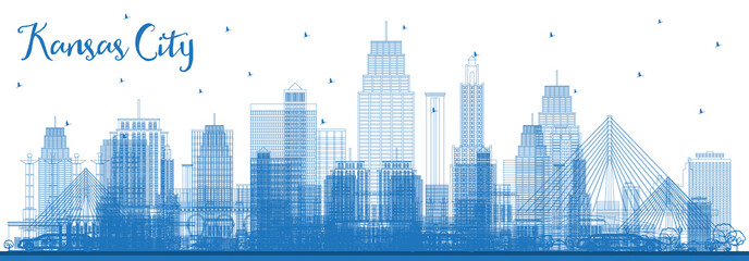 Outline Kansas City Missouri Skyline with Blue Buildings.