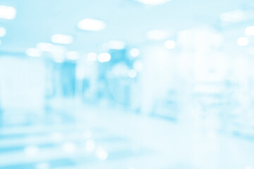 Hospital office blurry background. Business medical blue backdrop. Medicine commerce. Future...