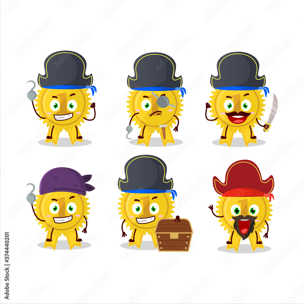 Poster cartoon character of gold medal ribbon with various pirates emoticons