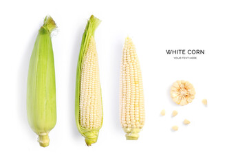 Creative layout made of white corn on the white background. Flat lay. Food concept.