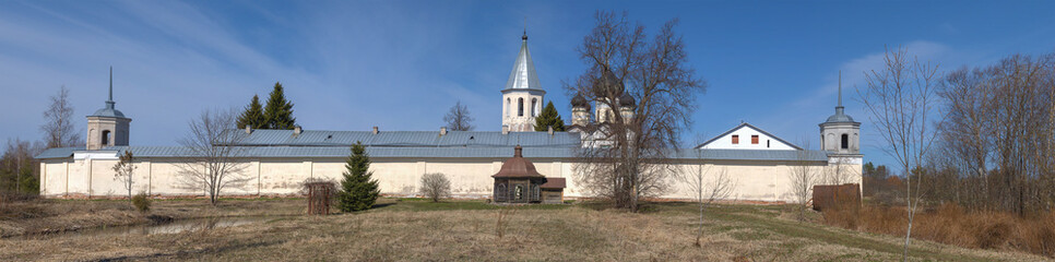 Naklejka premium Panorama of Zelenetsky Trinity Monastery on a sunny April day. Leningrad region, Russia