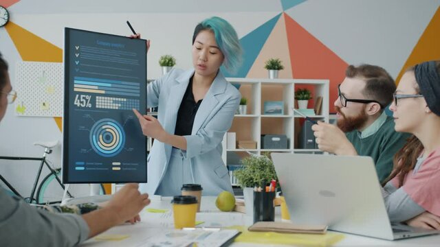 Asian girl is making presentation for multi-ethnic team of designers using modern digital screen with information in office. People and business concept.