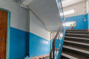 Russia, Moscow- February 15, 2020: interior public place, house entrance. doors, walls, staircase corridors