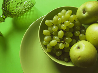 Three apples and a bunch of grapes in a green plate and a wine glass
