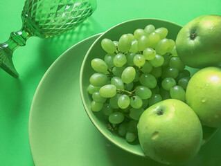 Three apples and a bunch of grapes in a green plate and a wine glass