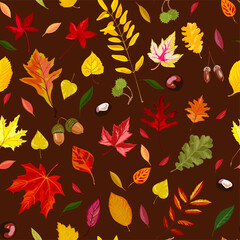 Falling autumn leaves, chestnuts and acorns seamless pattern