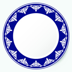 Circle frame, workpiece for your design. Ornamental elements and motifs of Kazakh, Kyrgyz, Uzbek, national Asian decor for plate, textile and print design. Round frame. Vector. 