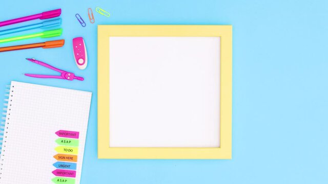 Yellow frame for text and school stationery appear on blue theme. Back to school stop motion 