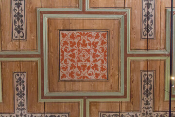 Mariefred, Sweden - April 20 2019: the close up view of wooden ceiling in Gripsholm Castle on April 20 2019 in Mariefred, Sweden.