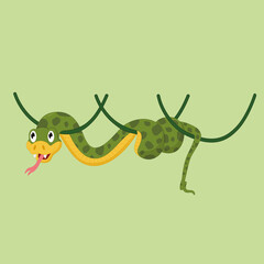 Cartoon green snake on a vine on a solid background
