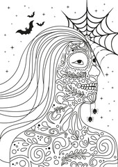 Coloring page for adults,Portrait of a young girl in Halloween or Day of the Death