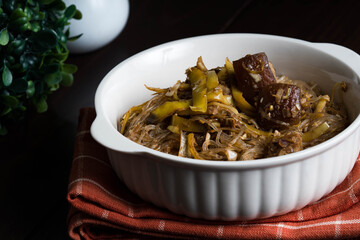 braised pork belly with banana blossom (puso ng saging) in vermicelli 