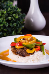 garlic bell pepper with rib eye steak on hot cheese mayo sauce