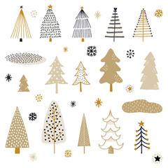 Collection of hand drawn winter trees, star, and snowflakes. Whimsical doodles.