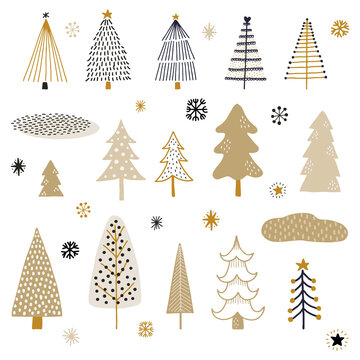 Collection of hand drawn winter trees, star, and snowflakes. Whimsical doodles.