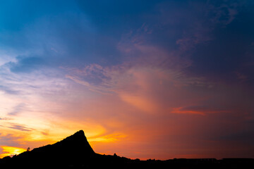 Silhouette landscape mountain view with twilight color sky in sunset or sunrise