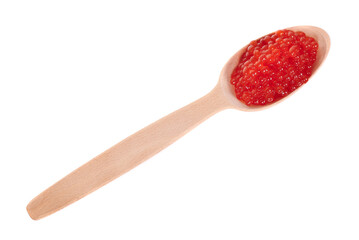 Luxury red caviar on wooden spoon, expensive healthy seafood, isolated on white background.