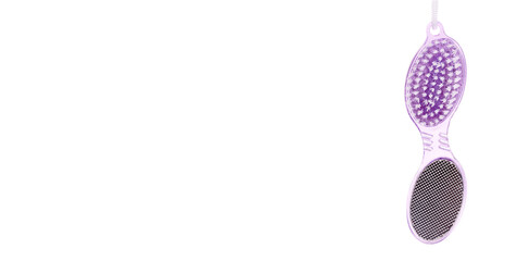 Pink plastic heel grater, pedicure tool. Isolated on white background, copy space template, banner.