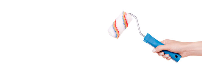 Hand with striped wool paint roller, home decoation and improvement. Isolated on white background, copy space template, banner.