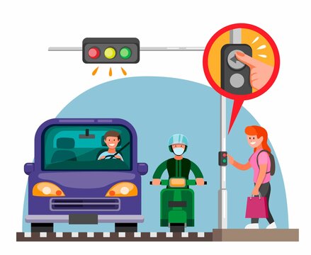 Pedestrian Traffic light button information concept in cartoon flat illustration vector