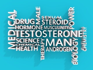 Tags cloud of hormone testosterone. Words collage. 3D rendering