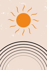 Abstract contemporary aesthetic background with desert, mountains, Sun. Earth tones, burnt orange, terracotta colors. Boho wall decor. Mid century modern minimalist art print. Organic shape Vector