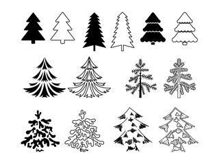 Obraz premium Christmas tree set. Different styles, in the form of silhouette and contour.