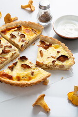 Sliced mushroom quiche on white table