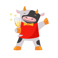 Cute cow with a glass of wine. Vector illustration. Flat style. Isolated on a white background.
