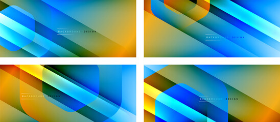 Set of hexagon geometric shapes and fluid gradients with 3d shadow and light straight lines, minimal abstract backgrounds