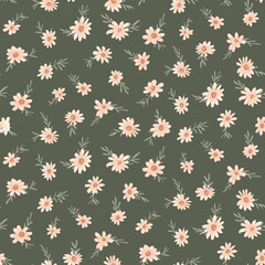 Pretty in pink floral seamless vector pattern. Sweet pink shaded hand painted flower with leaf branches on dull green background. Great for home decor, fabric, wallpaper, stationery, design projects.