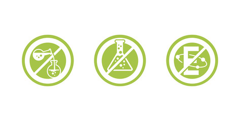 No preservatives, no additives, E number and dye free prohibition sign - green organic food stickers - set of vector icons (labels)