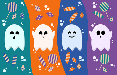 Flying ghost spirit holding. Happy Halloween. Halloween candy. Scary white ghosts.