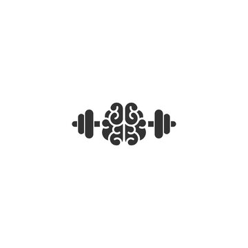 Black brain with dumbbells icon. Intellect, phsychology, knowledge simple pictogram isolated on white.